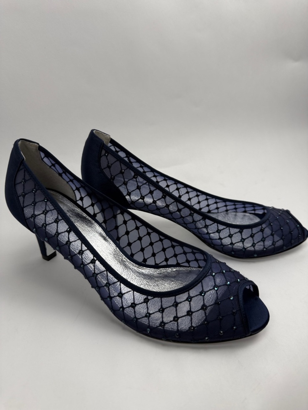 Adrianna Papell Navy Mesh Peep-Toe Kitten Heels Size 9 EU 39 NICE!